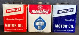 Lot 3 2 Gallon Motor Oil Cans: Pair Traveller Heavy Duty & Super + Medalist