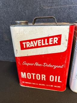 Lot 3 2 Gallon Motor Oil Cans: Pair Traveller Heavy Duty & Super + Medalist