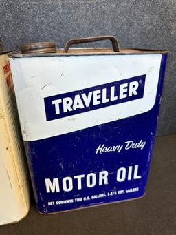 Lot 3 2 Gallon Motor Oil Cans: Pair Traveller Heavy Duty & Super + Medalist