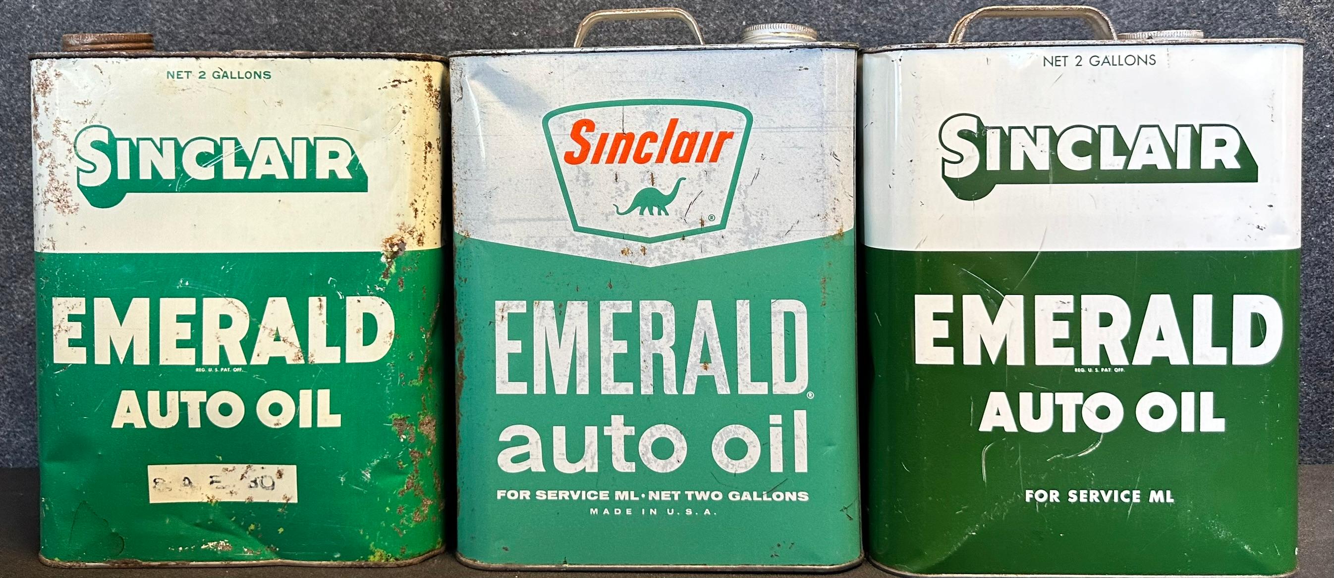 Lot 3 Original Sinclair Emerald Auto Oil 2 Gallon Motor Oil Cans