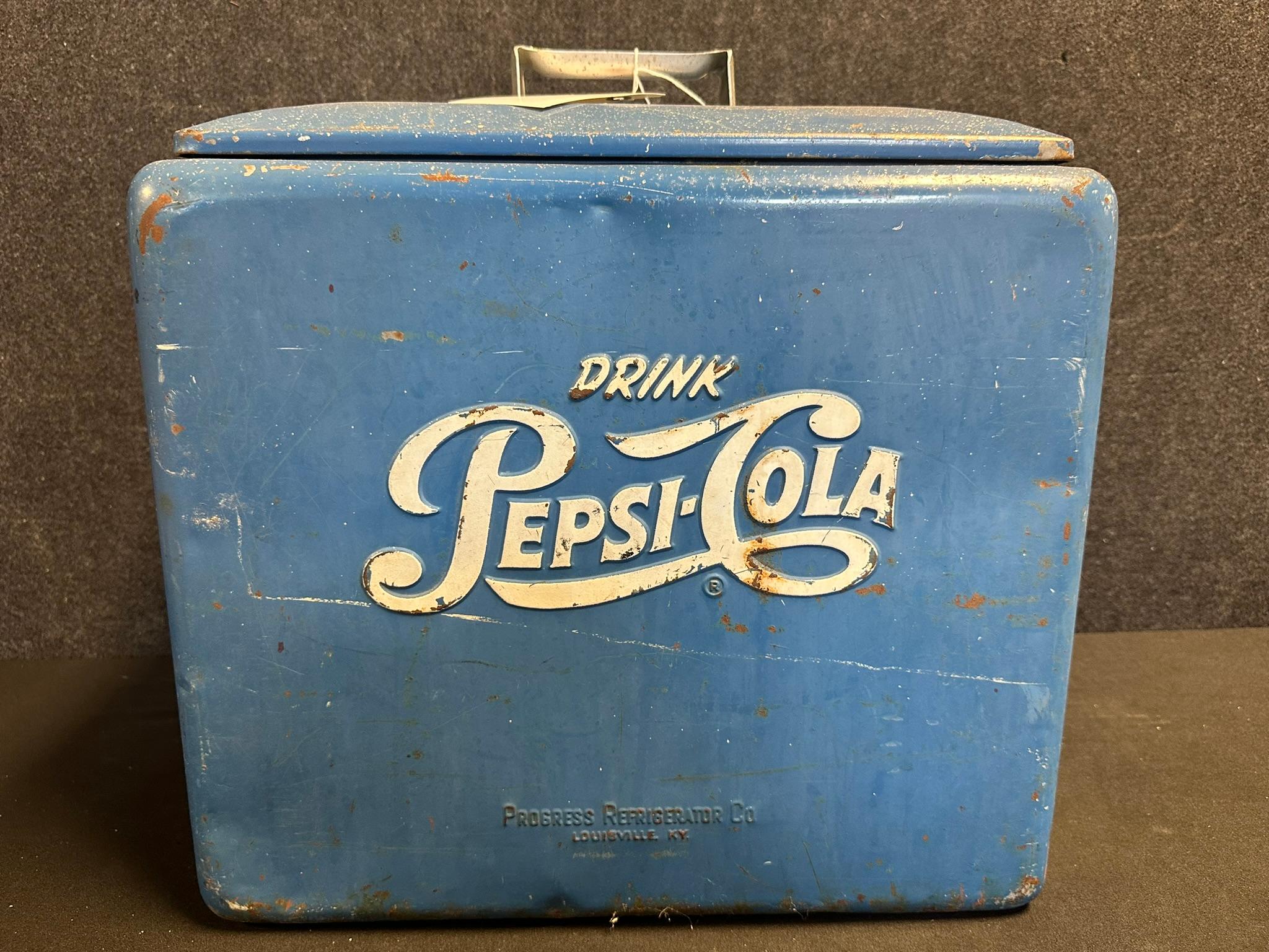 Pepsi Cola Embossed Blue Soda Pop Beverage Cooler by Progress w/ Original Insert