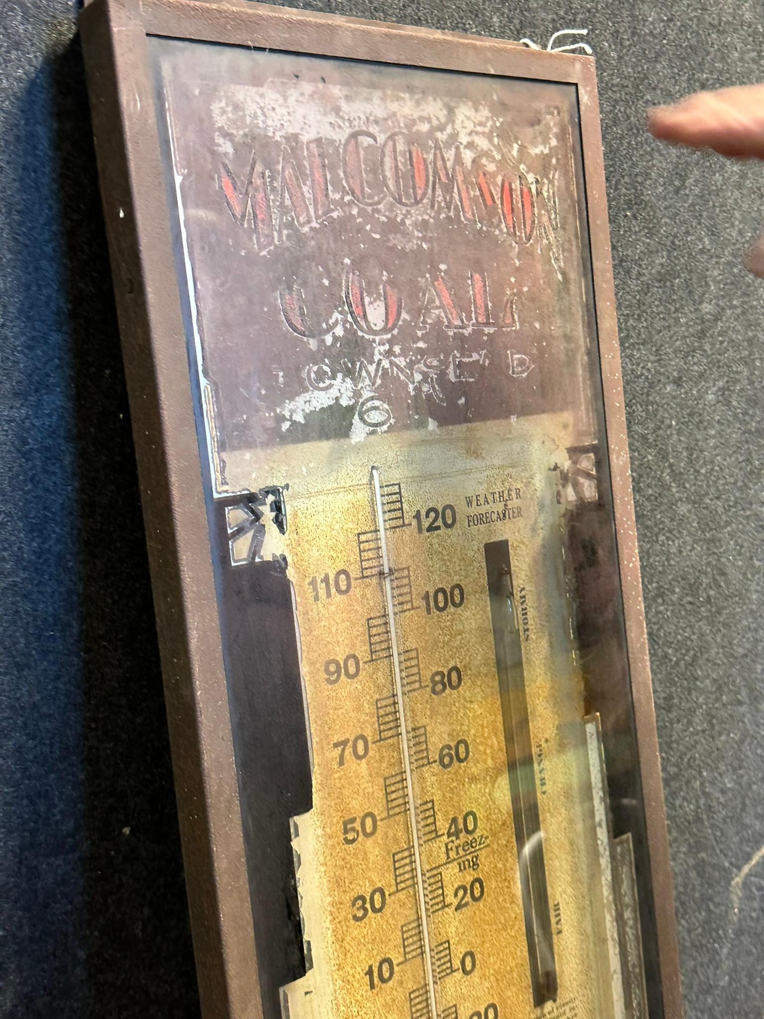Early 1900s Malcomson Coal Advertising Glass Thermometer w/ Barometer Hotter Than Sunshine