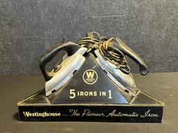 1930s-40s Westinghouse 5 Irons In 1 Triangular Tin Litho Metal Advertising Store Display
