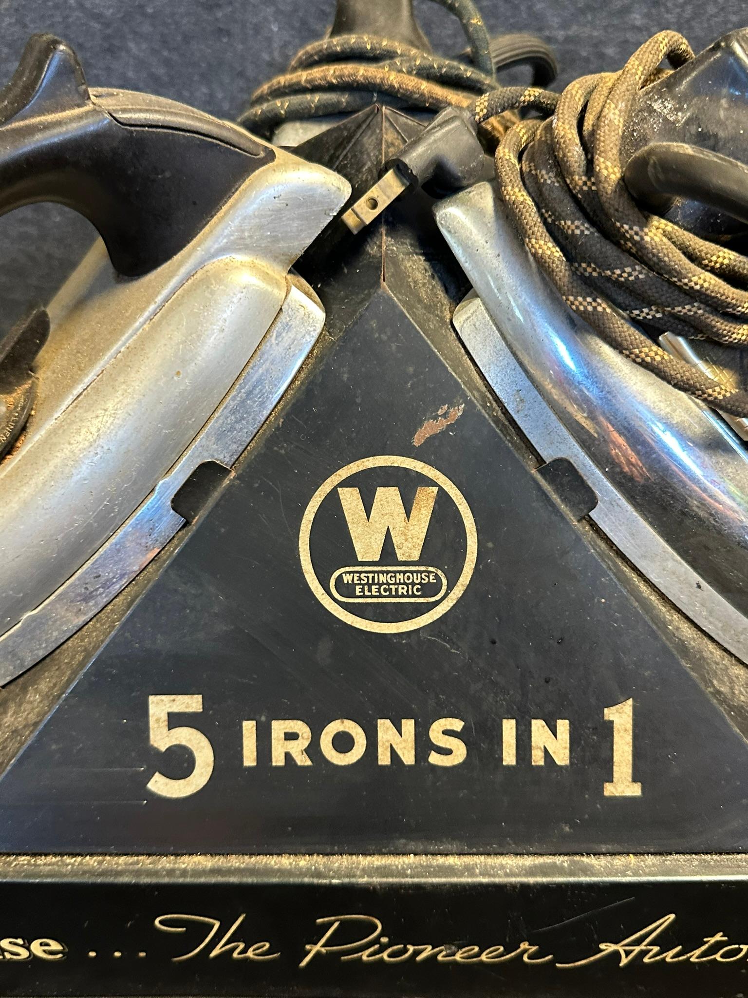 1930s-40s Westinghouse 5 Irons In 1 Triangular Tin Litho Metal Advertising Store Display