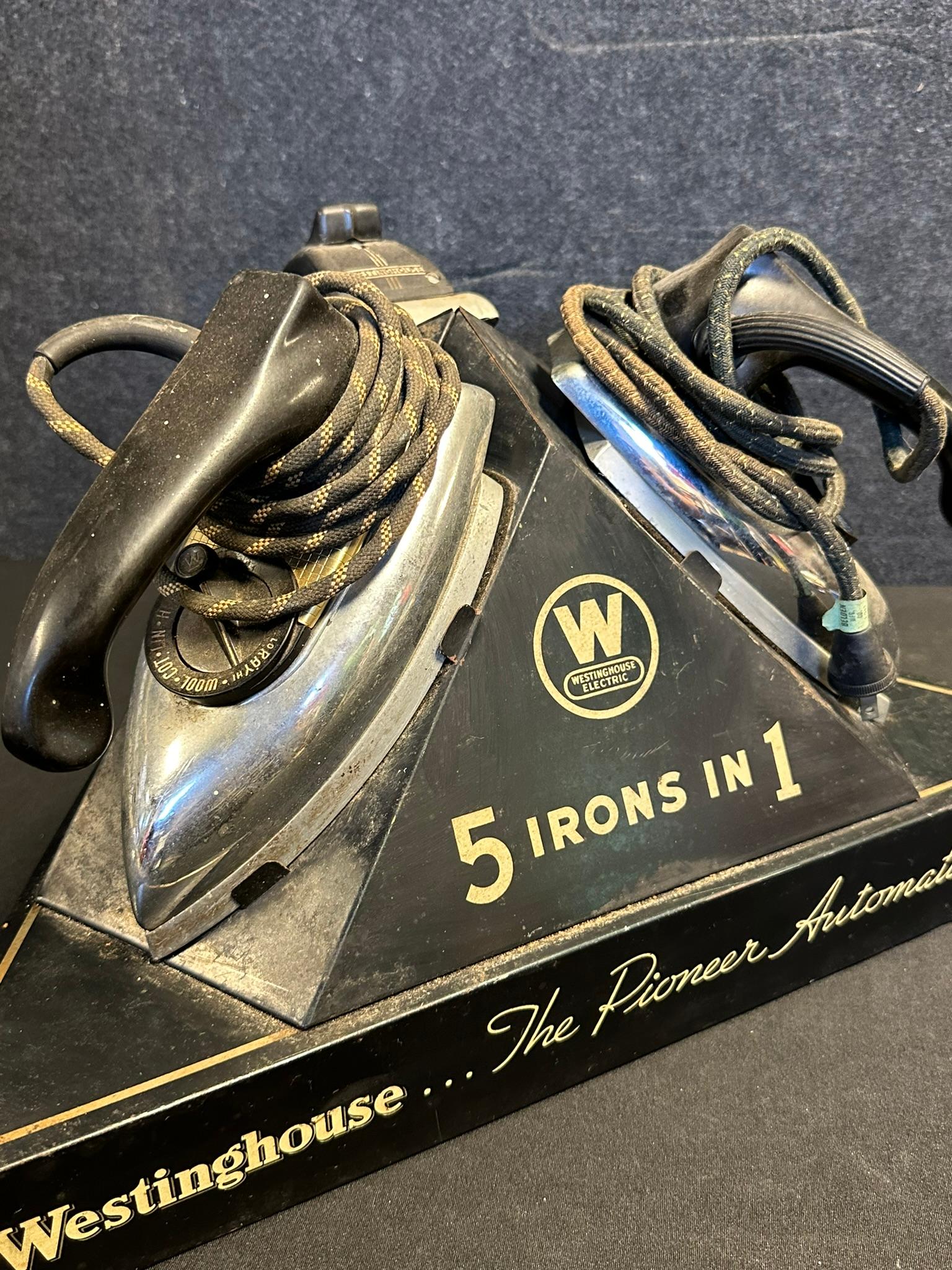 1930s-40s Westinghouse 5 Irons In 1 Triangular Tin Litho Metal Advertising Store Display