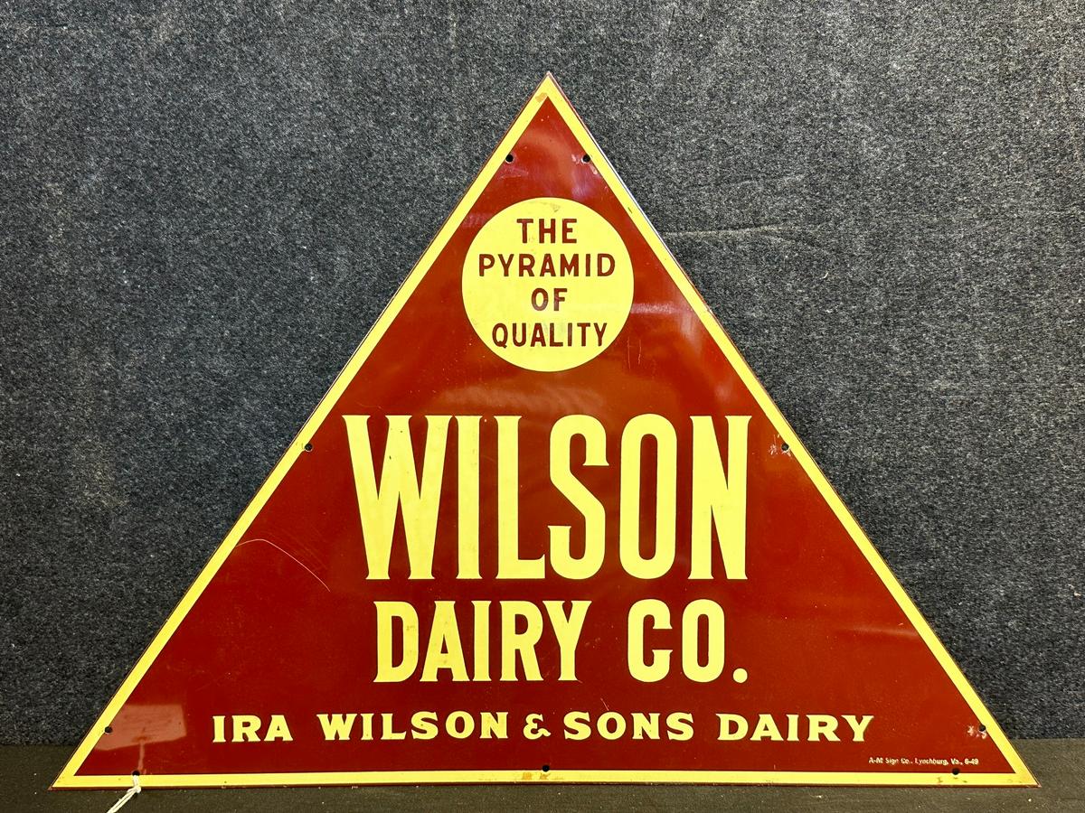 NOS 1949 Ira Wilson & Sons Dairy Pyramid of Quality Single Sided Painted Advertising Milk Sign