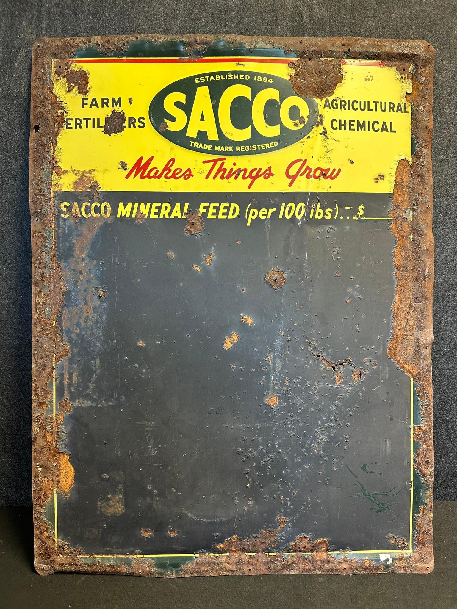 Sacco Mineral Feed 40" 1930s Tin Embossed Grain Mill Advertising Chalkboard Sign