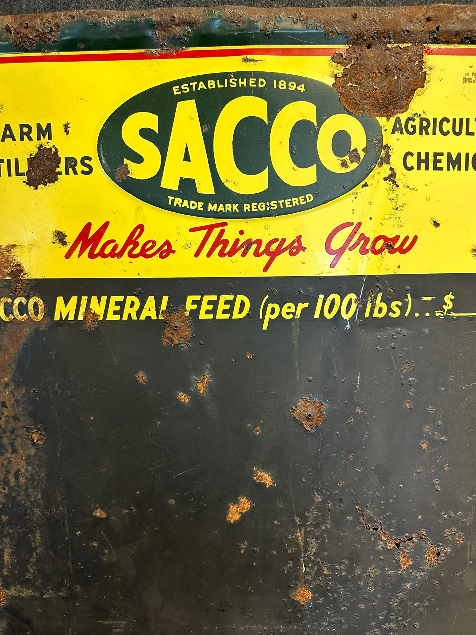 Sacco Mineral Feed 40" 1930s Tin Embossed Grain Mill Advertising Chalkboard Sign