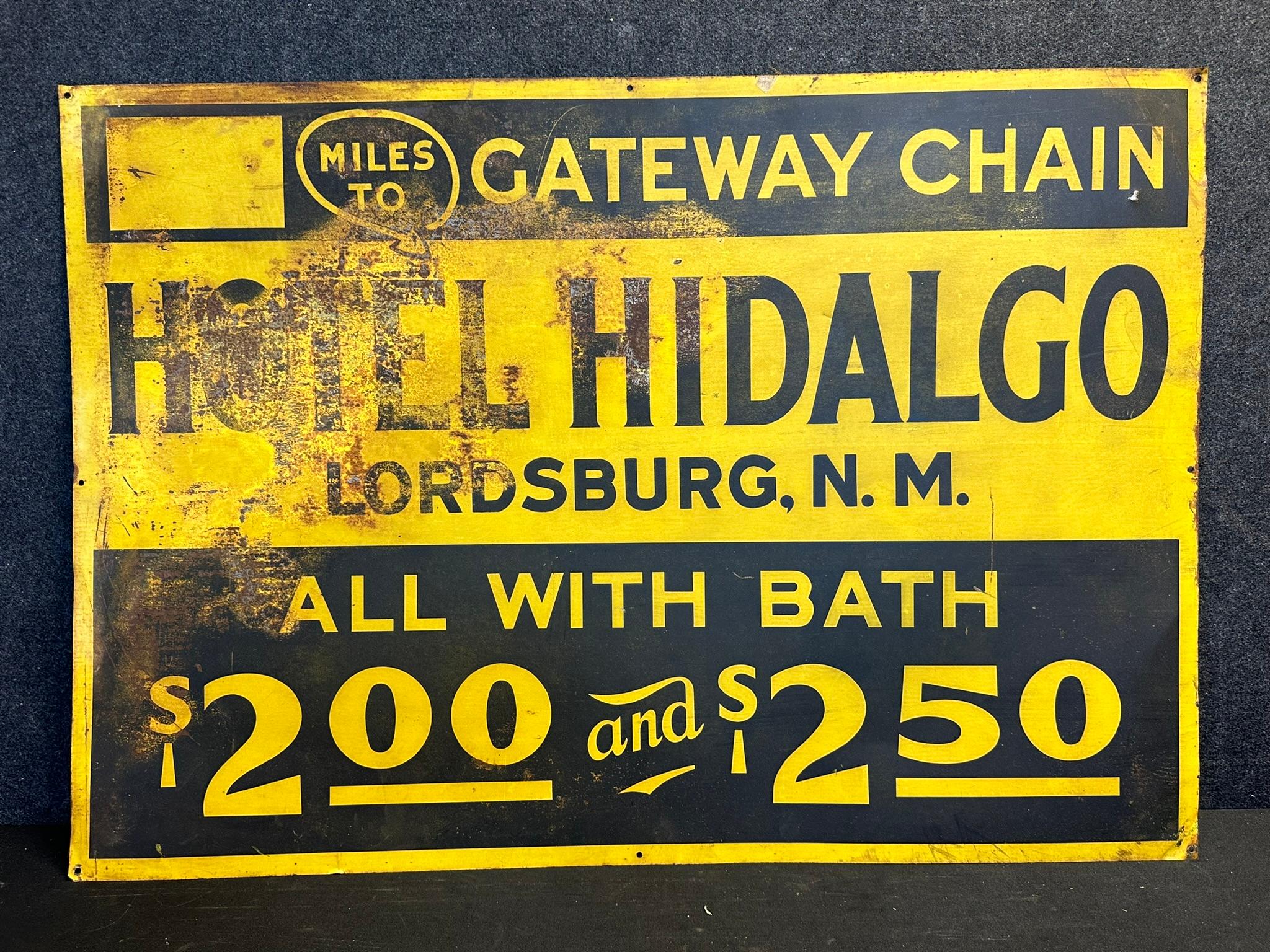 Hotel Hidalgo Lordsburg New Mexico All With Bath Advertising Highway Painted Metal Sign