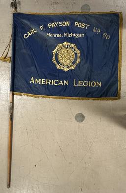 American Legion Monroe Michigan 1920s-30s Flag & Staff Carl R Payson Post No 60