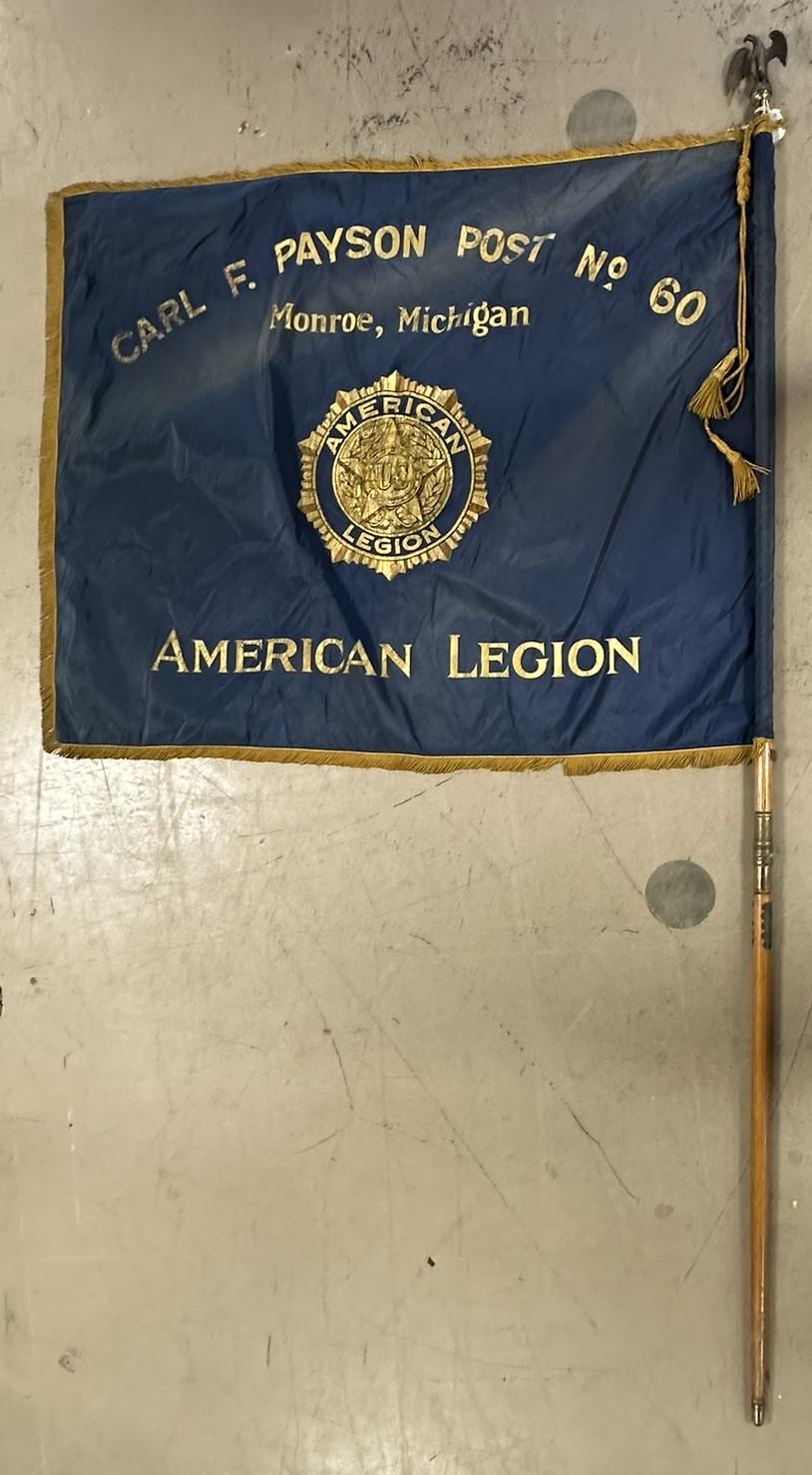 American Legion Monroe Michigan 1920s-30s Flag & Staff Carl R Payson Post No 60