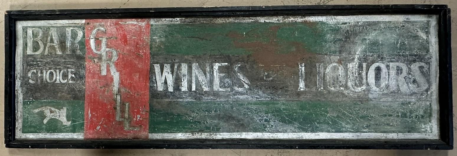 Early 1920s Bar Grill Wines & Liquors Hand Painted Advertising Wood Framed Restaurant Sign w/ Aweome