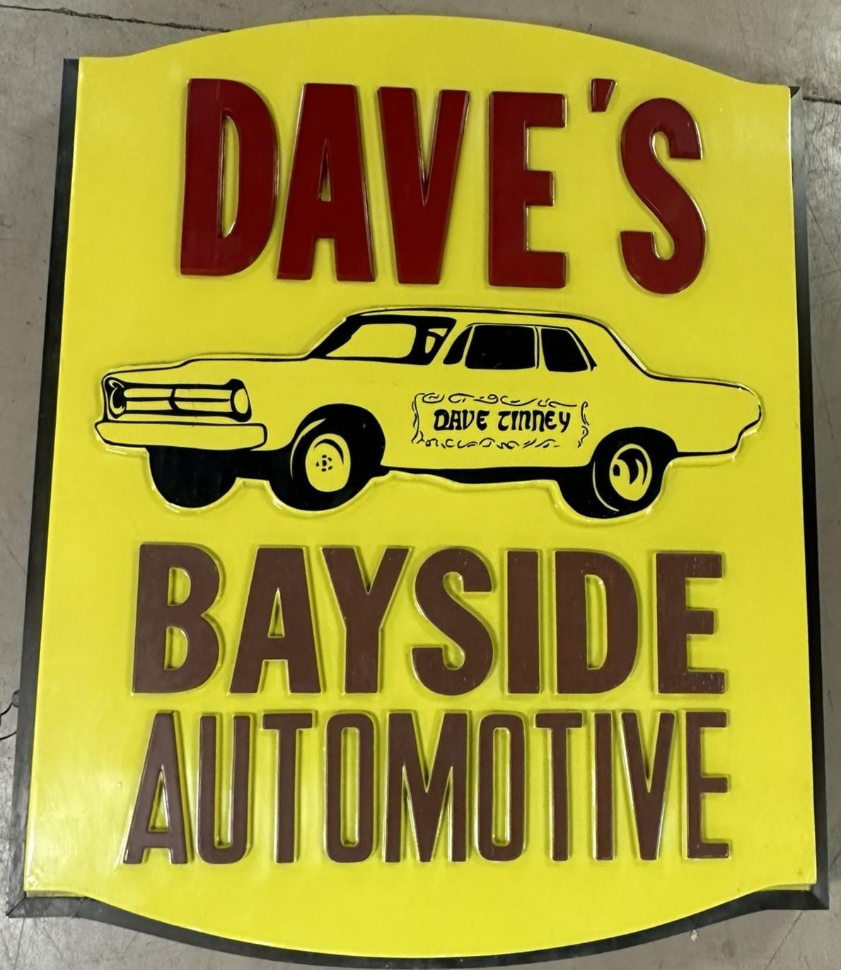 Dave Tinney's Bayside Automotive Plastic Lighted Up Advertising Sign w/ 60s Embossed Race Car