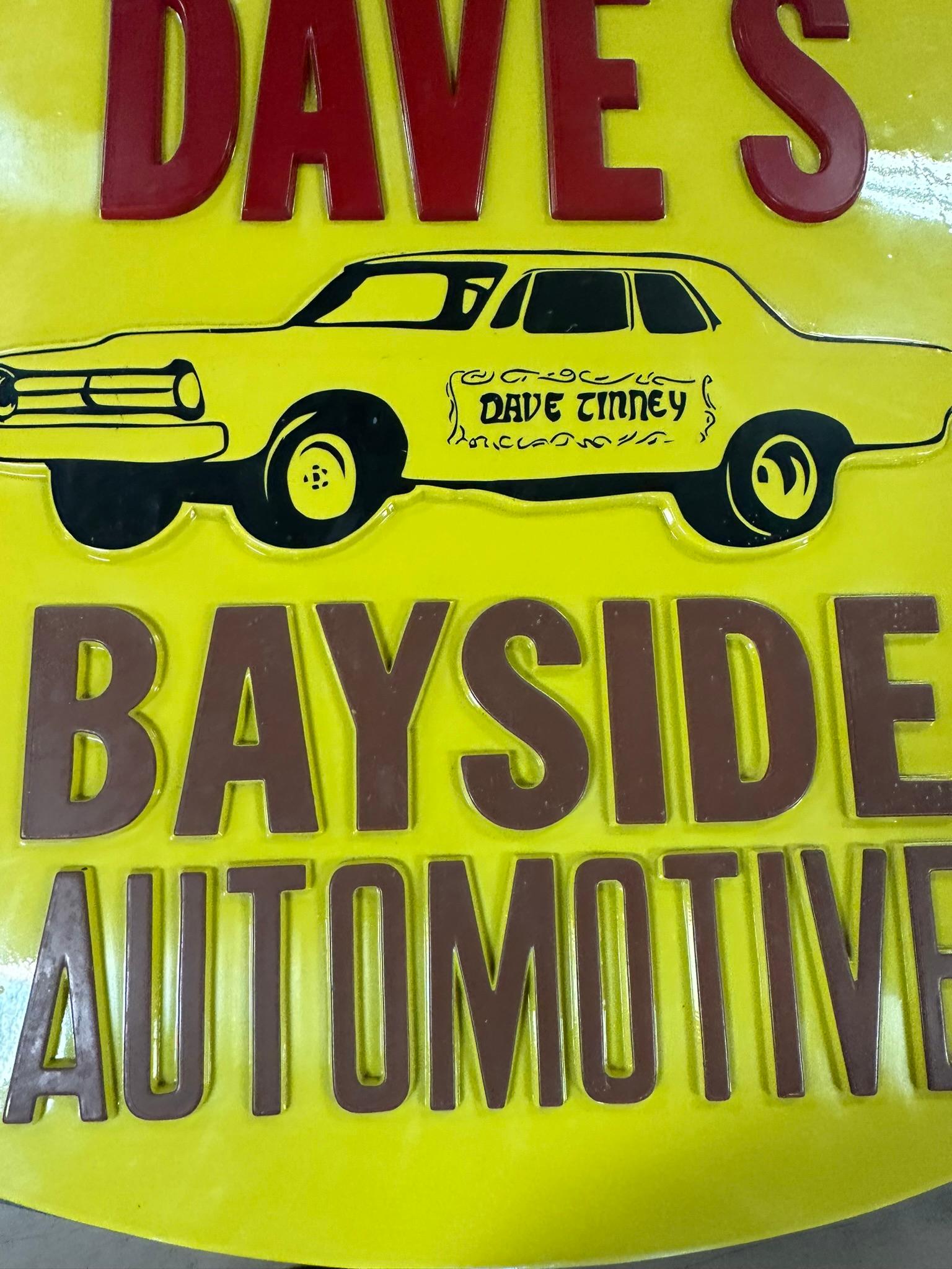 Dave Tinney's Bayside Automotive Plastic Lighted Up Advertising Sign w/ 60s Embossed Race Car