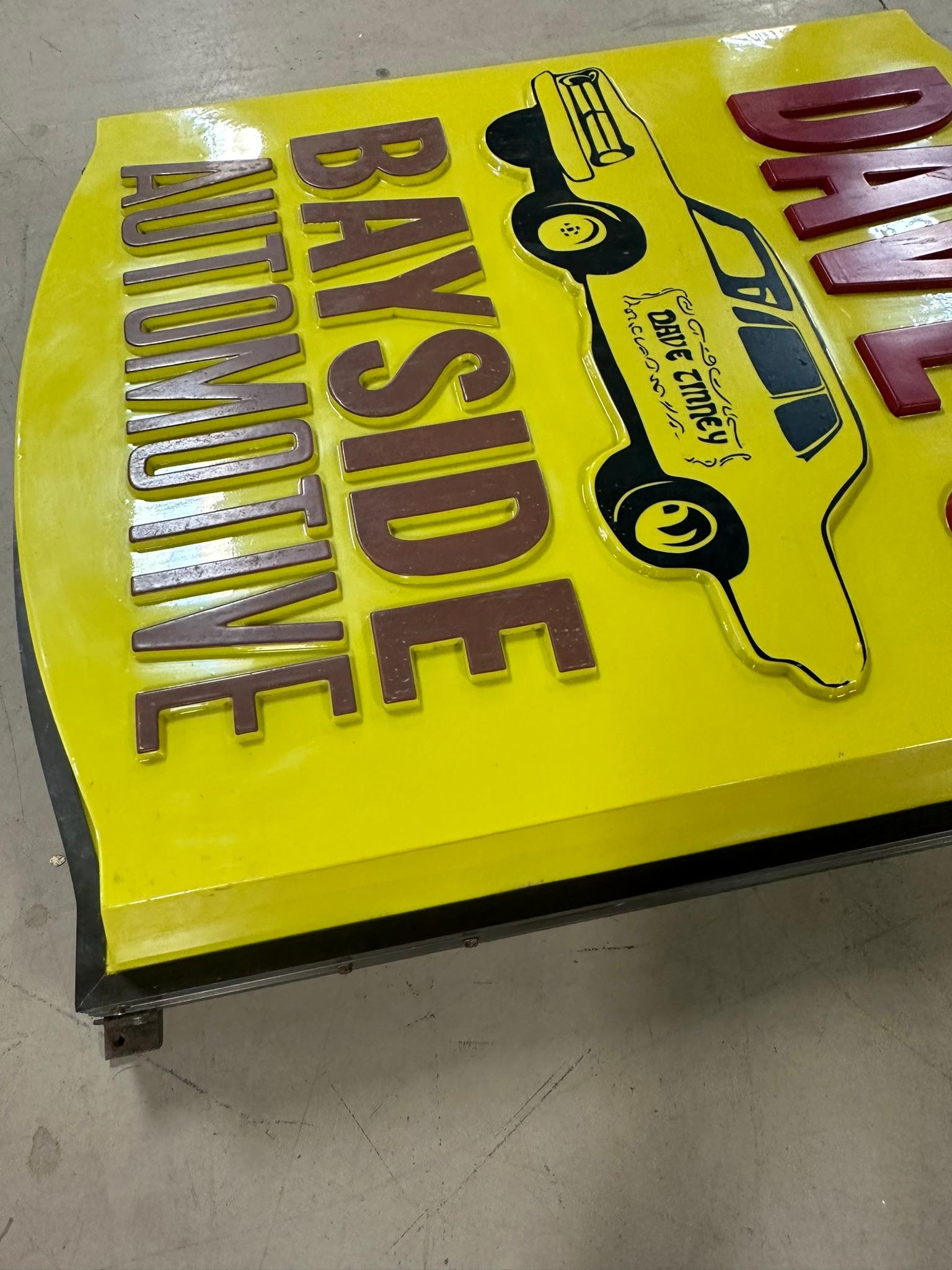 Dave Tinney's Bayside Automotive Plastic Lighted Up Advertising Sign w/ 60s Embossed Race Car