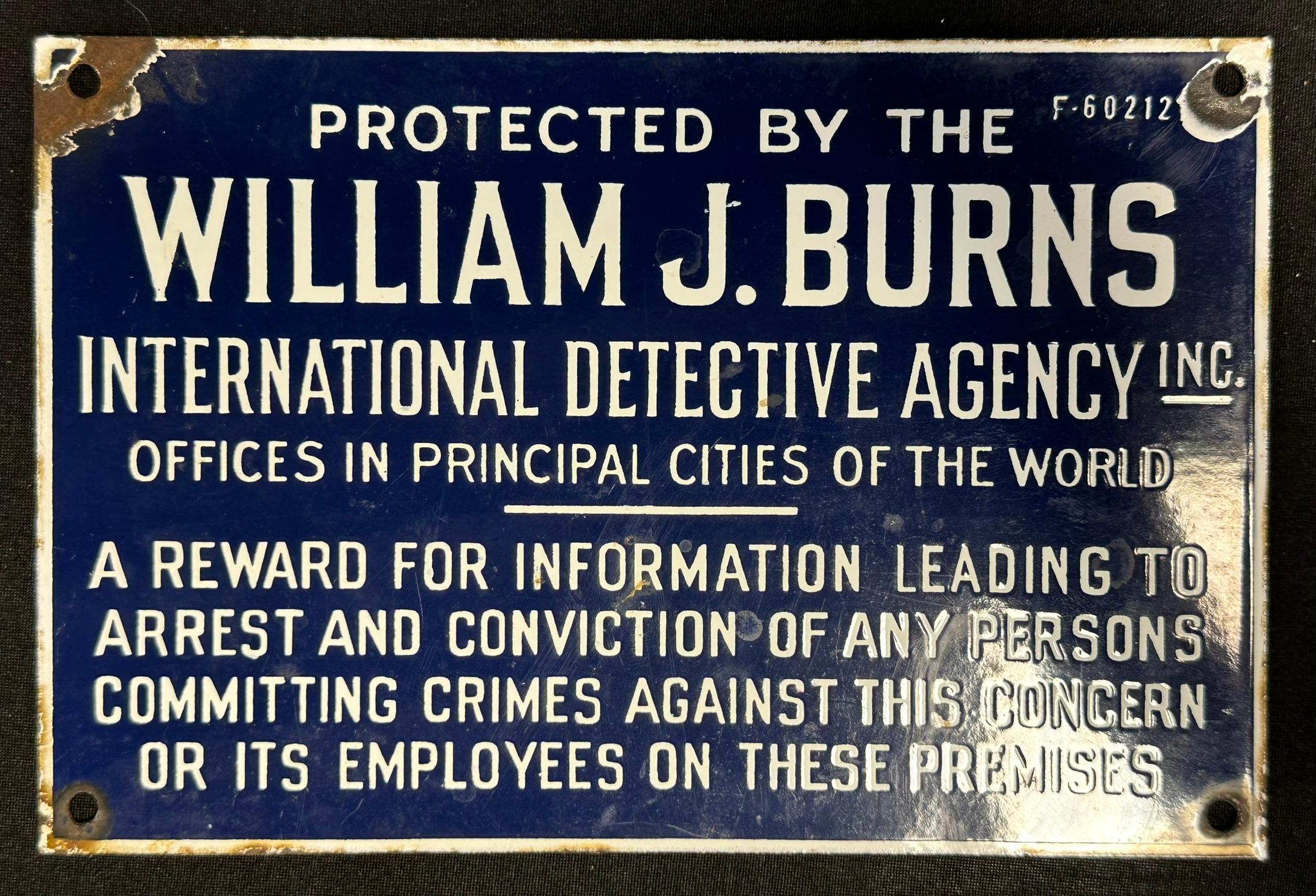 Original 1920s William J Burns Cobalt Blue Single Sided Porcelain Sign
