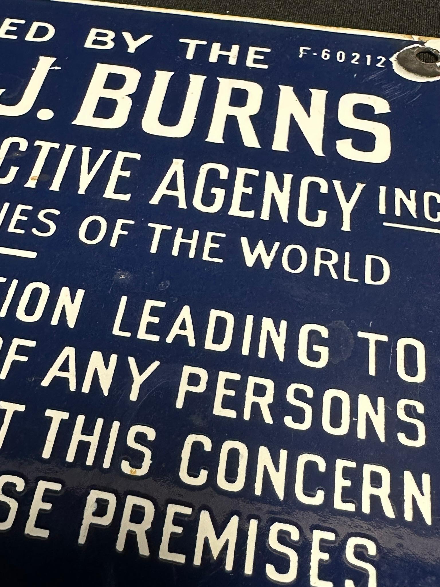 Original 1920s William J Burns Cobalt Blue Single Sided Porcelain Sign