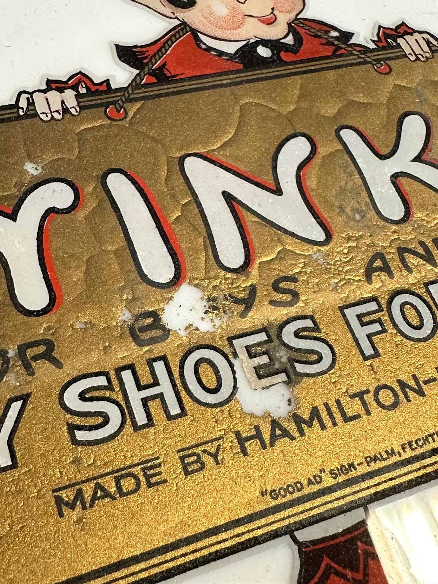 Original Early 1900s Twinkies For Boys & Girls Happy Shoes Milk Glass Advertising Sign w/ Cupie