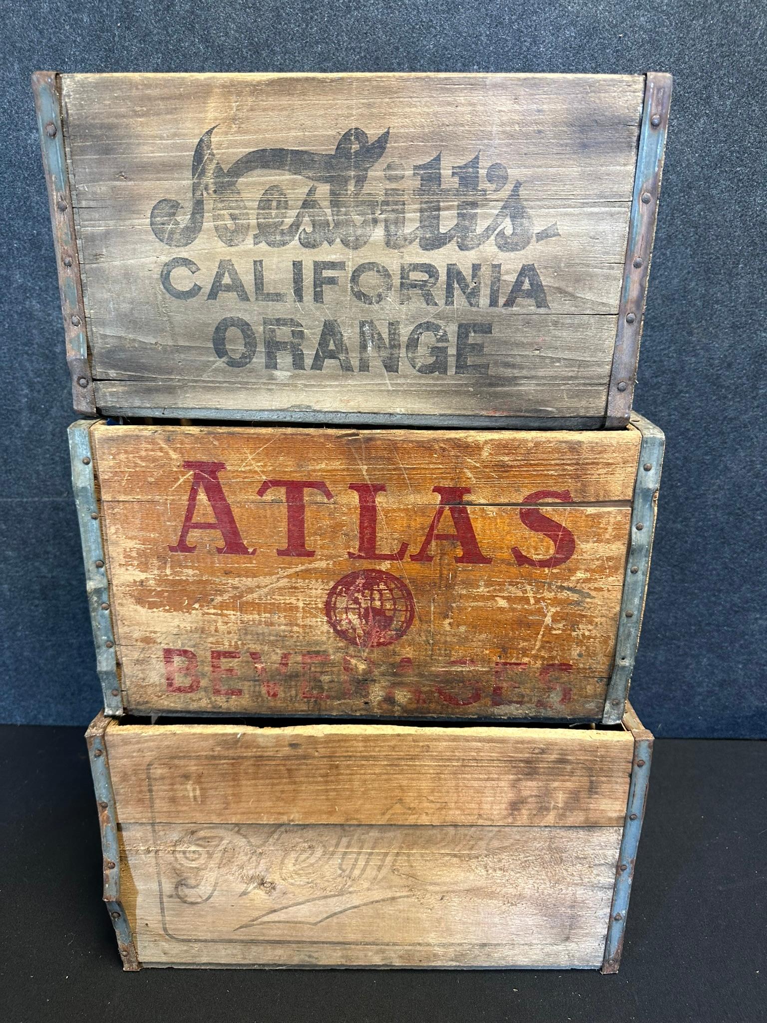 Lot of 3 Nesbitt's Atlas Beverage & Pfeiffers Beer Wooden Advertising Pop Crates