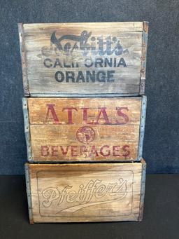 Lot of 3 Nesbitt's Atlas Beverage & Pfeiffers Beer Wooden Advertising Pop Crates