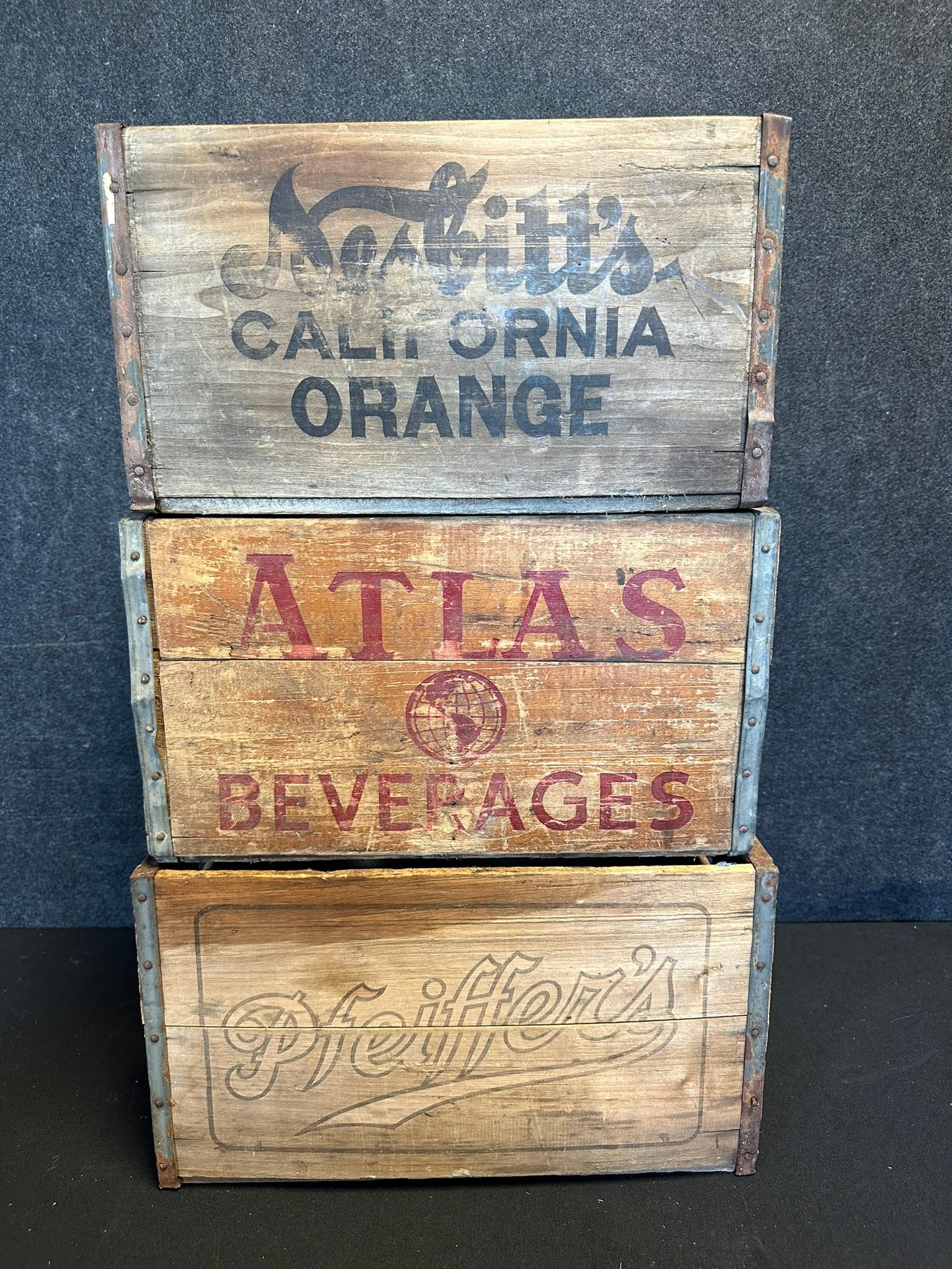 Lot of 3 Nesbitt's Atlas Beverage & Pfeiffers Beer Wooden Advertising Pop Crates