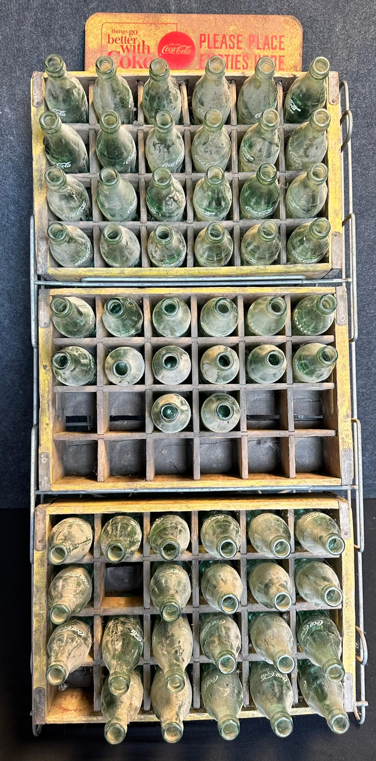 1960s Coca Cola Store Display Rack w/ 3 Wooden Cases & Bottles