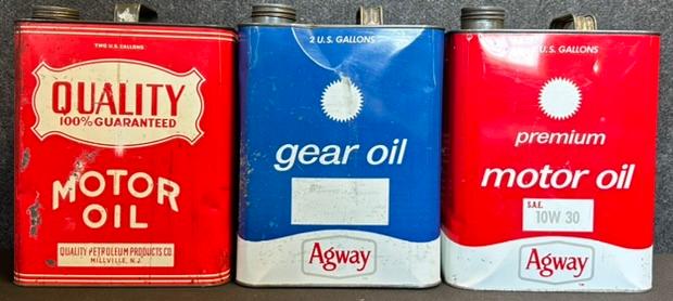 Lot 3 Original 50s 2 Gallon Motor Oil Cans: 2 Agway & Quality Petroleum Millville NJ