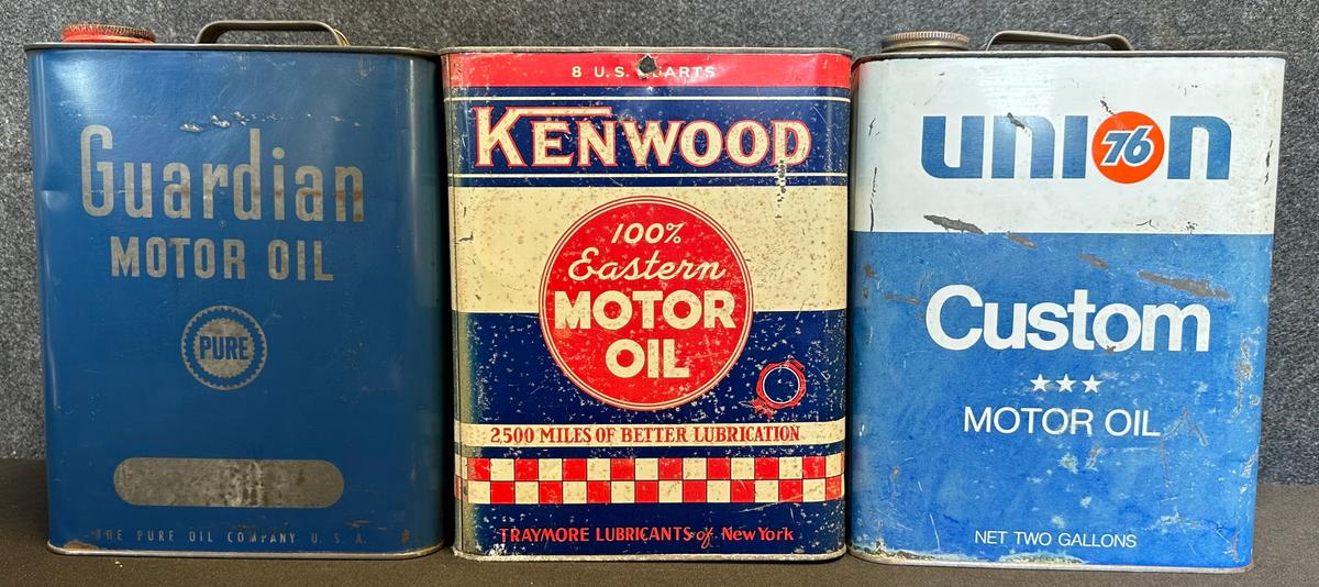 Lot 3 Original 50s 2 Gallon Motor Oil Cans Pure Guardian, Kenwood & Union 76