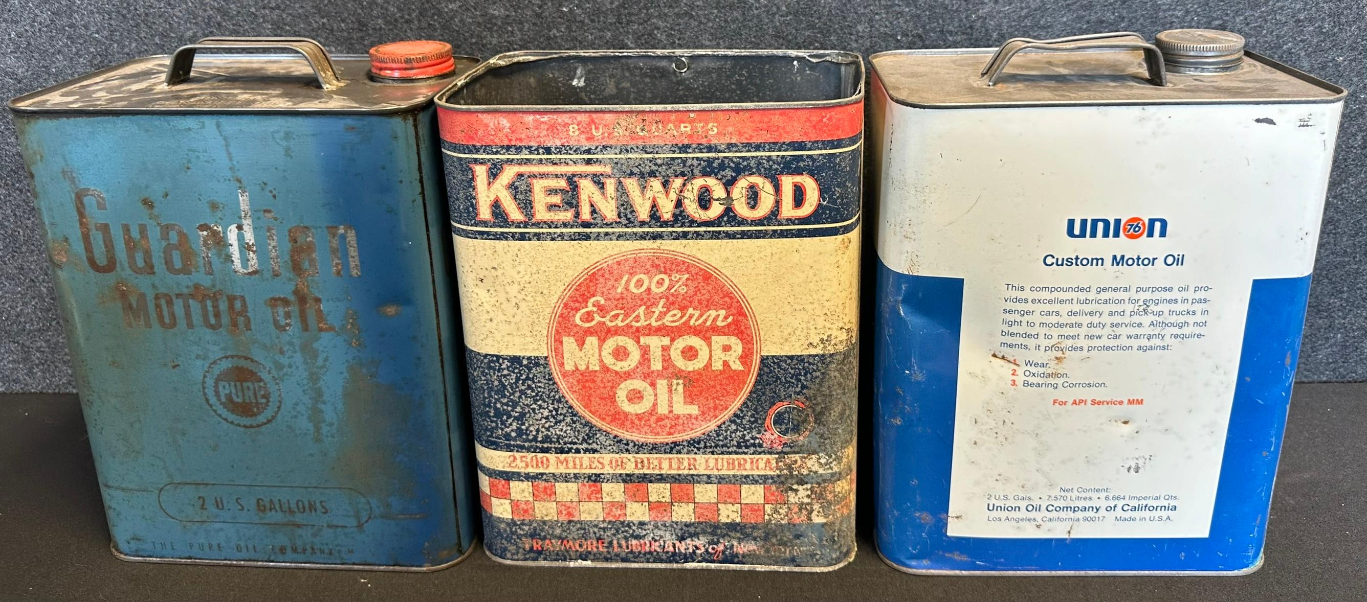 Lot 3 Original 50s 2 Gallon Motor Oil Cans Pure Guardian, Kenwood & Union 76