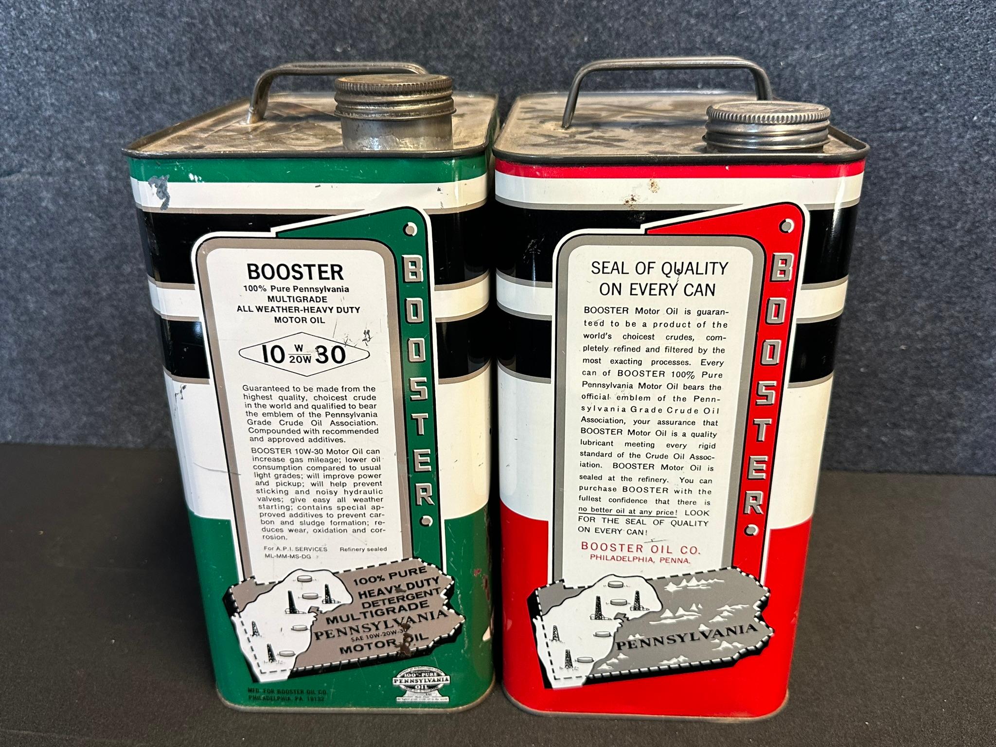 Pair Red & Green Booster Motor Oil Pennsylvania 2 Gallon Cans EX Cond