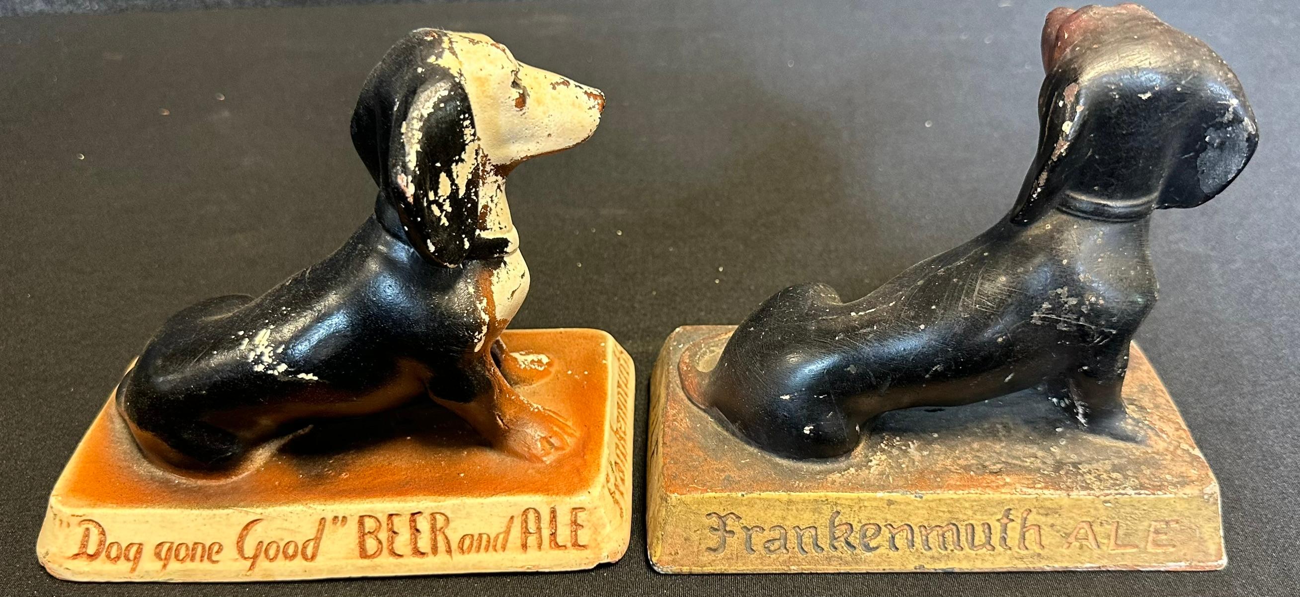 Pair 1950s Frankenmuth Chalkware Advertising Beer & Ale Daschund Dogs