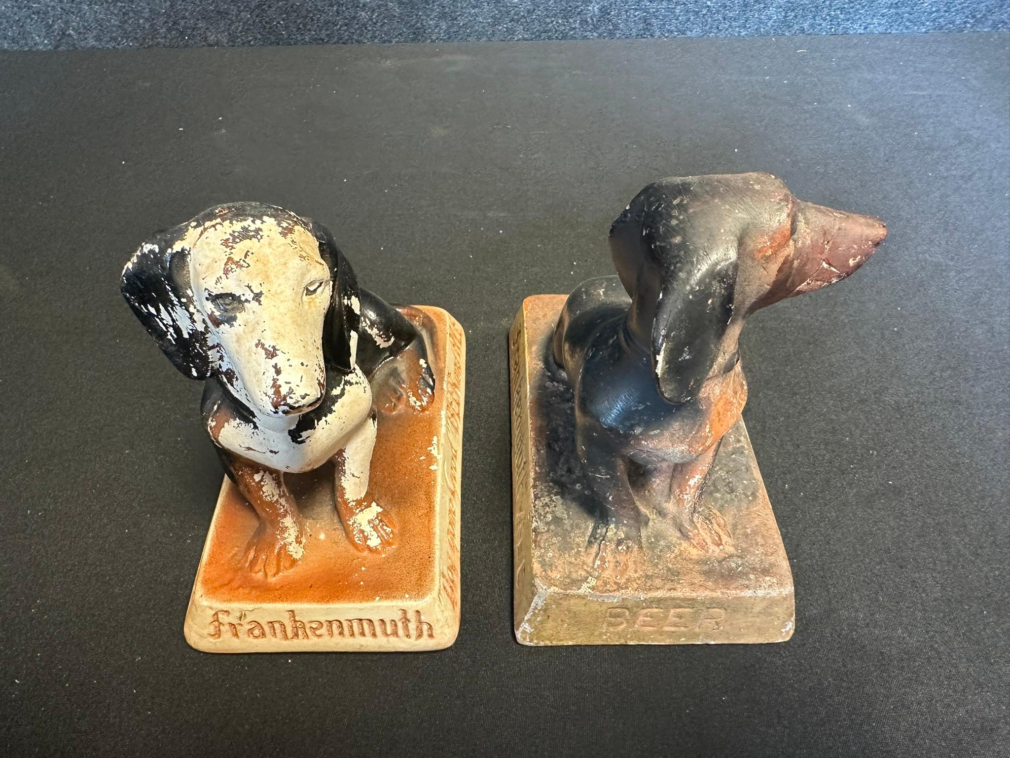 Pair 1950s Frankenmuth Chalkware Advertising Beer & Ale Daschund Dogs