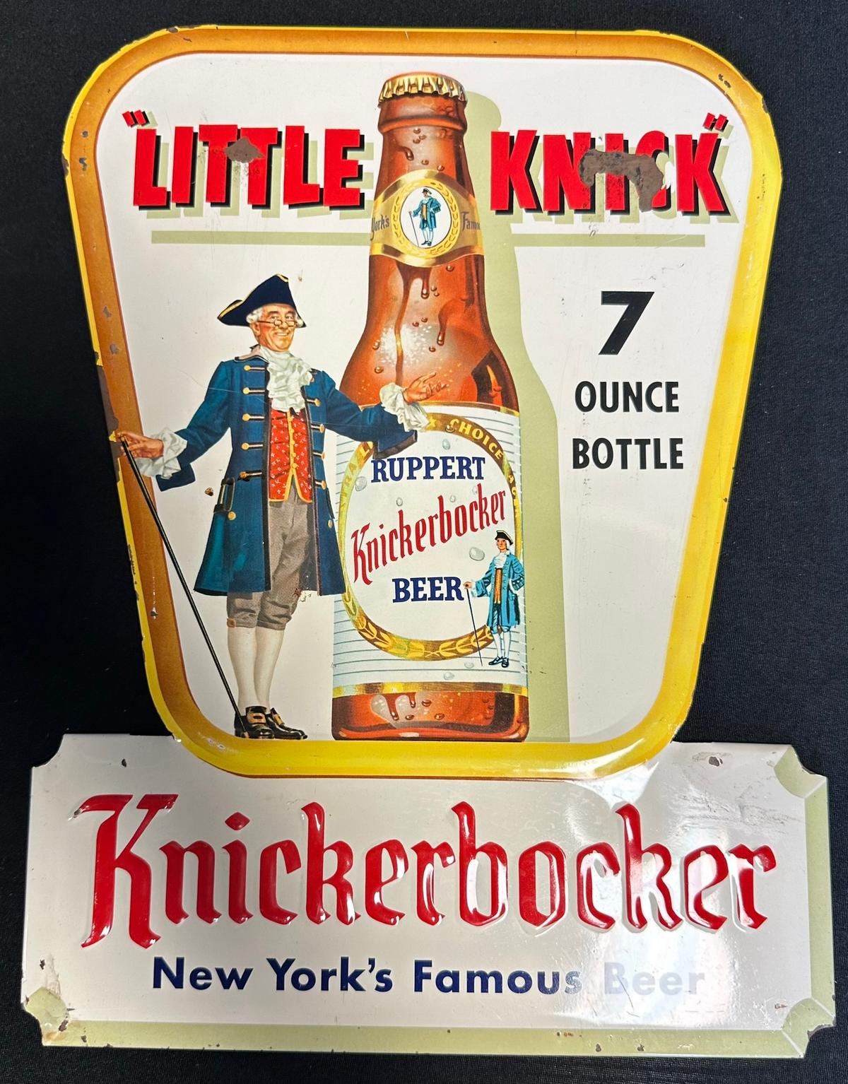 1955 Knickerbocker Beer Tin Over Cardboard Advertising Embossed Metal Sign