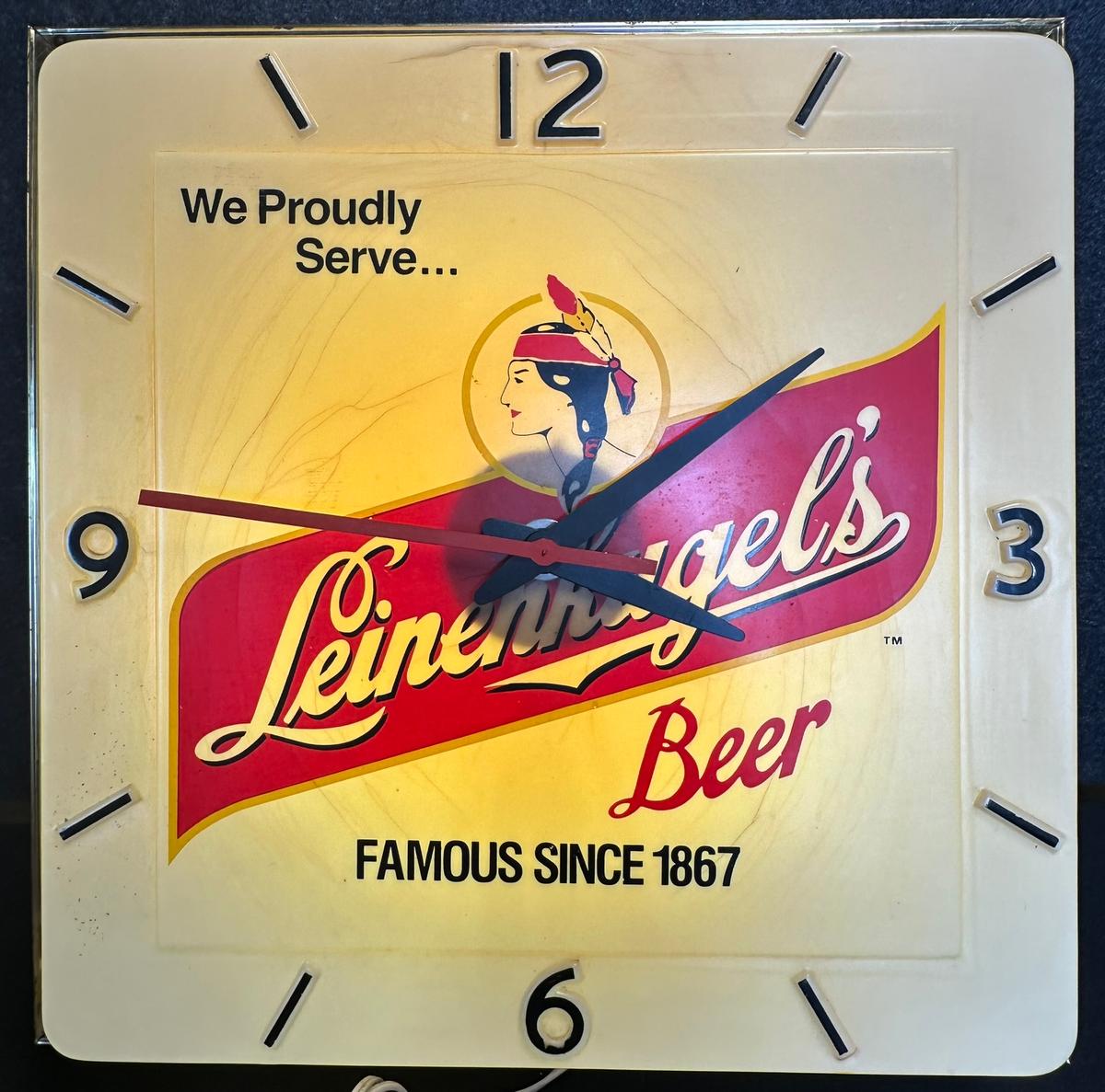 Original 1960s Leinenkugel's Beer Advertising Plastic Lighted Advertising Bar Clock