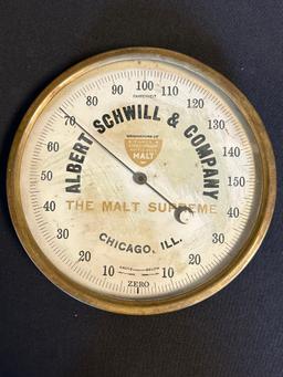 Albert Schwill & Co The Malt Supreme 9" Round Brass Thermometer Advertising Sign
