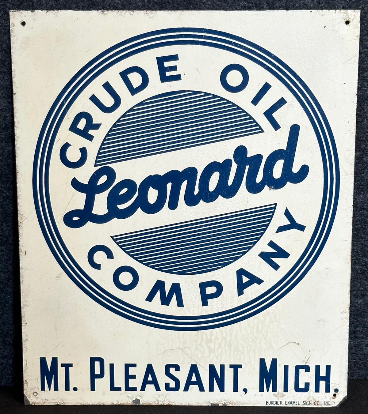 Leonard Crude Oil Co. Mt Pleasant Michigan Painted Metal Gas Pump Advertising Sign