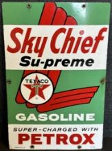 Skychief Su-Preme Gasoline Super Charged w/ Petrox Gas Pump Porcelain Sign