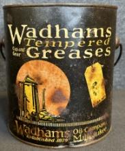 Wadham's Tempered Grease 5 Lb Ca. 1920s Grease Bucket w/ Bail Handle