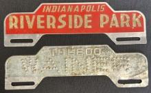 Pair 1920s-30s License Plate Toppers: Ford Punched Wainer Toledo Ohio & Indianapolis Riverside Park