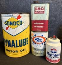 Lot 4 Vintage Oil Cans. Sunoco 5 Quart Dynalube, Fomoco Chrome Cleaner, Ring Free Full Quart, Standa