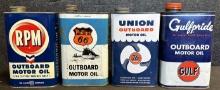 Lot 4 Outboard 1 Quart Motor Oil Cans: RPM, Phillips 66, Union 76 & Gulfpride