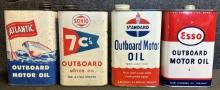Lot 4 Outboard 1 Quart Motor Oil Cans: Esso, Atlantic, Sohio 7c's & Standard Oil