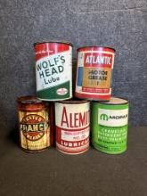 Lot of 5 Grease 1LB Cans: Franco Franklin Railway Oil, Mopar, Alemite, Atlantic & Wolf's Head