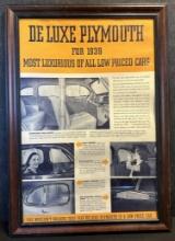 1939 Framed Deluxe Plymouth Most Luxurious Low Priced Cars Paper Advertising Store Display