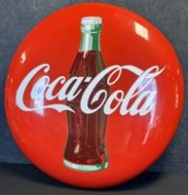 Near Mint 3' Coca Cola 1950s Porcelain Button w/ Bottle & Original Bracket Hardware