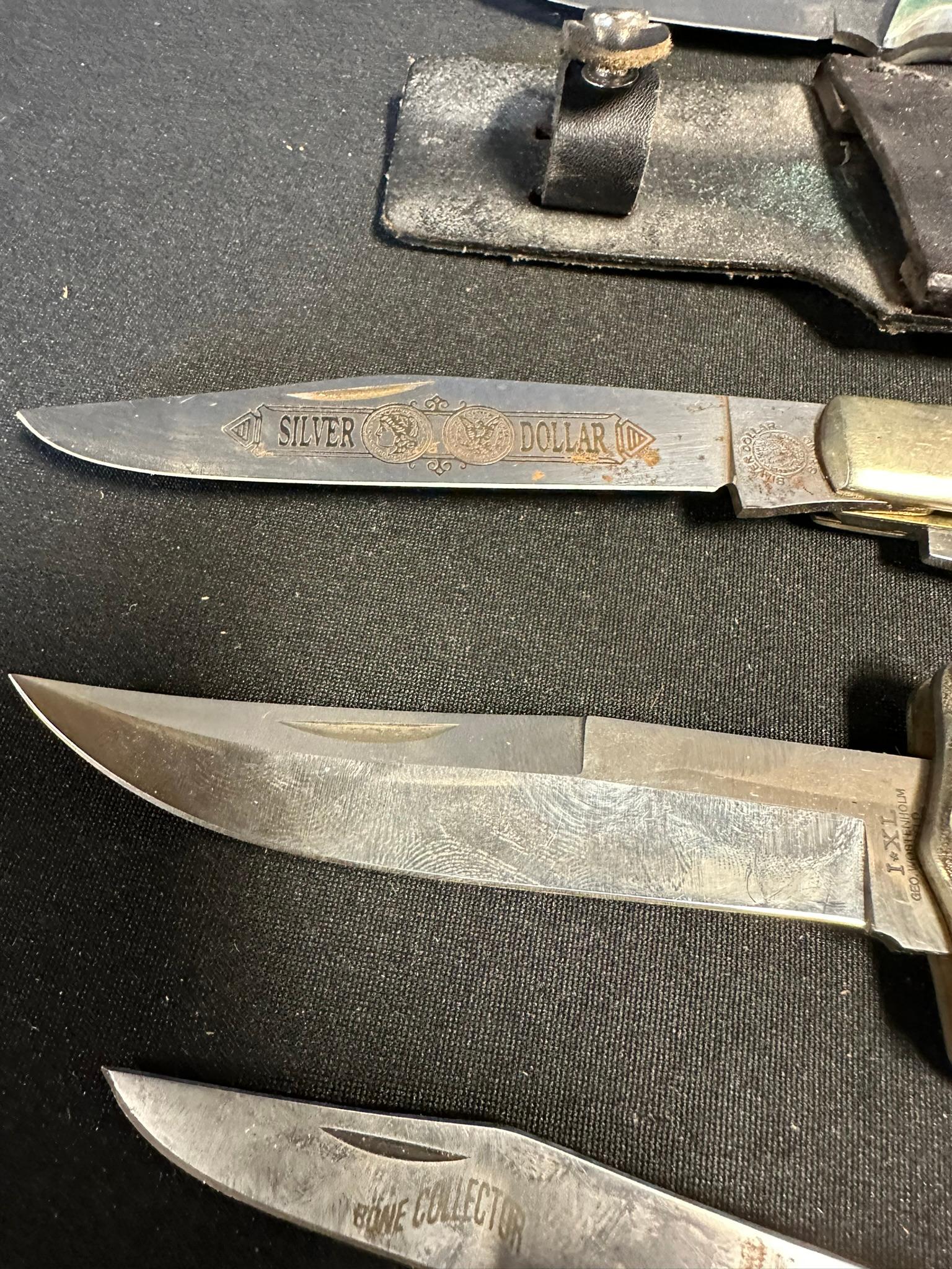 Lot 8 Collectible Knives: Geo Wostenholm IXL, Frost Surgical w/ Sheath, Silver Dollar & More