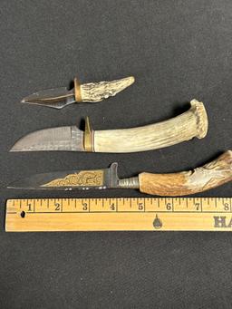 Lot 3 Stag Handle Hand Made Knives: Linder-Messer Solingen w/ Carved Deer Handle