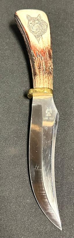 Rare J A Lone Wolf Custom Handmade Fixed Blade Bowie Knife w/ Stag Handle