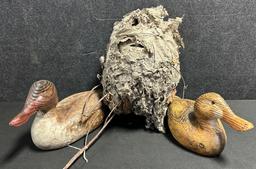 Lot of 3 Vintage Hunting Cabin Décor: Pair Michael Valuet Handcrafted Wooden Ducks & Bee Hive