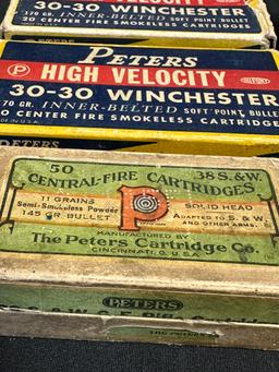 Lot 5 Vintage Early Peters Ammo Boxes: 44-40 C.F. Shot 2 Piece Box, .38 S&W 2 Piece Box, 12 GA, 2 30